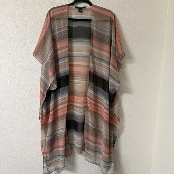 Cejon Sweaters - Cejon Womens Sheer Striped Kimono Wrap Open Front Beach Coverup OSFM Coral Grey